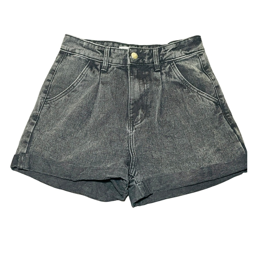 Refuge Denim Mom Shorts Women 28 Washed Black Acid Wash High Rise Cuffed Pleated